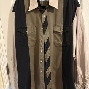 Colorblock Western Button-Up Shirt in Olive, Black & Cream